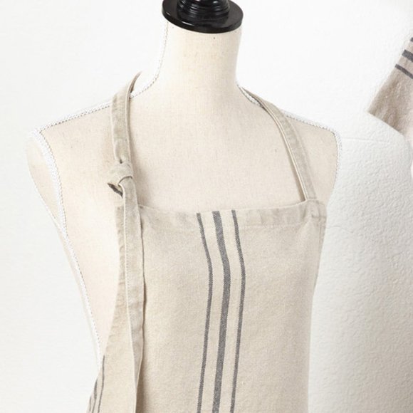 Natural Solid Color w Grey Strip Stripe 100% Linen Apron, 28" x 35" Front Pocket - Picture 3 of 3